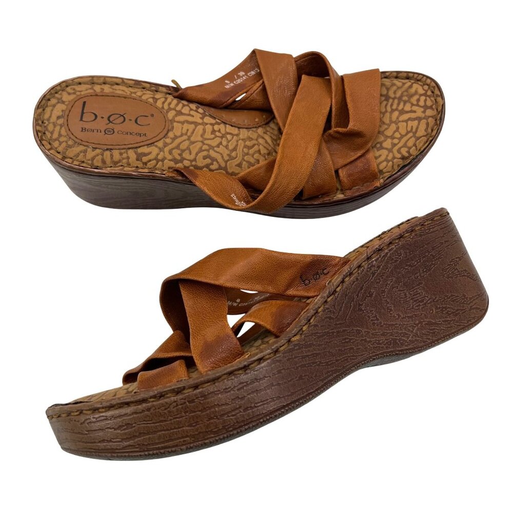 B.o.c Brown Leather Criss-Cross Slide Wedge Sandals Size 8 / 39‎